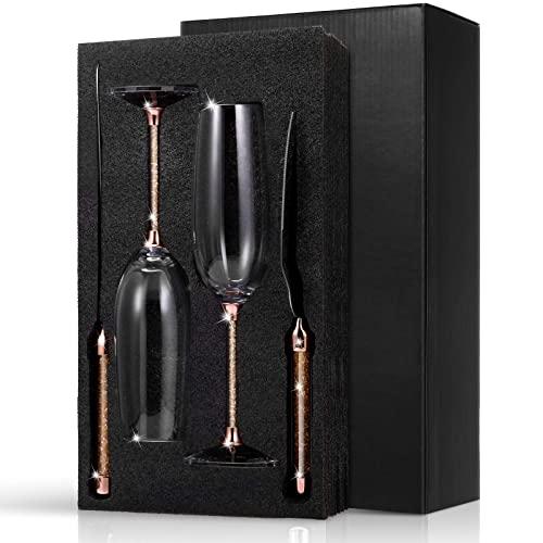 4 Piece Wedding Toasting Flutes and Cake Server Set Glittering Bead Wedding Reception Supplies Including 2 Champagne Glasses, 1 Cake Knife and 1 Pie Server (Rose Gold)
