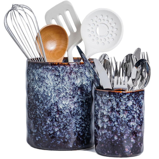 KYBSCZ Utensil Holder, 7.25"+5.25" Ceramic Kitchen Utensil Holder for Countertop, Large Cooking Utensil Crocks Gift for Mother's Day, Home Kitchen Decor, Parties,Set of 2, Speckled Black Purple