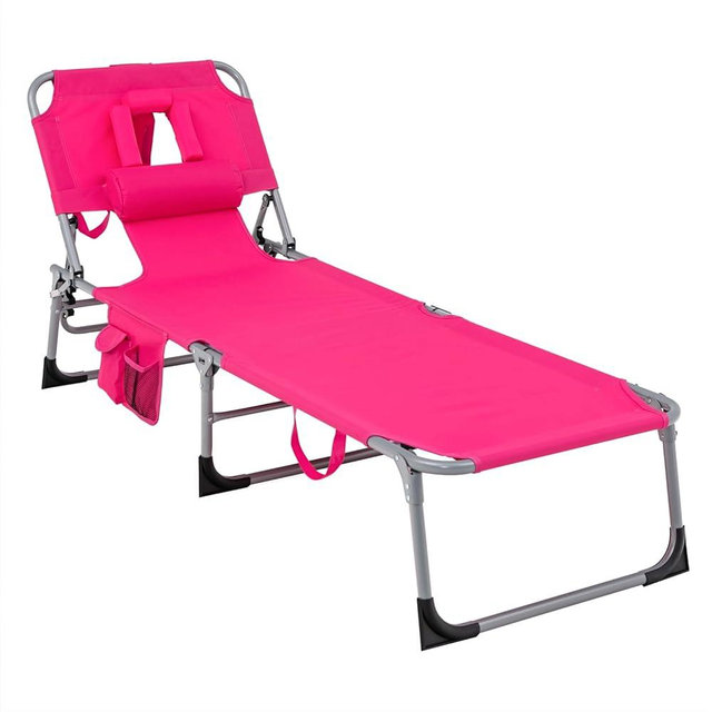 GYMAX Tanning Chair, Folding Beach Lounger with Face Arm Hole, Adjustable Backrest, Side Pocket, Pillow & Carry Handle, Outside Sunbathing Lounge Chair for Patio, Poolside, Lawn (1, Pink)