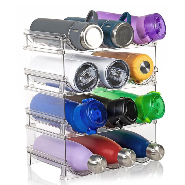 Shelfora 4 Tier Stackable Water Bottle Organizer for Cabinet - Premium Clear Holder for Tumbler, Cup, Travel Mug, Wine Rack Display - Home Kitchen Refrigerator Organization and Storage - 12 Bottles