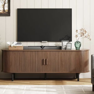 63" TV Stand with Power Outlet for TVs up to 70 Inch, Entertainment Center with Storage and Adjustable Shelves, Modern Media Console with Sliding Doors for Living Room, Walnut