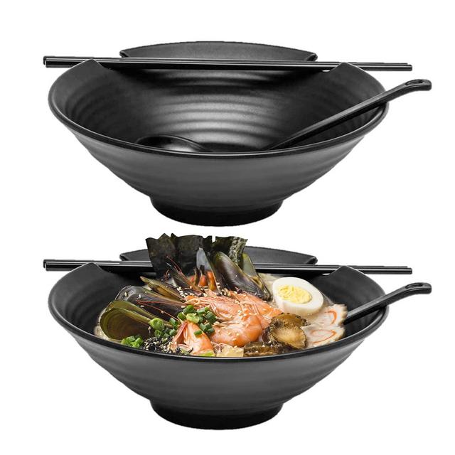 Ramen Bowl Set of 2, 6pcs Total with Chopsticks, Black Melamine Bowls with Soup Ladle Spoons and Large 37 oz Noodle Bowl