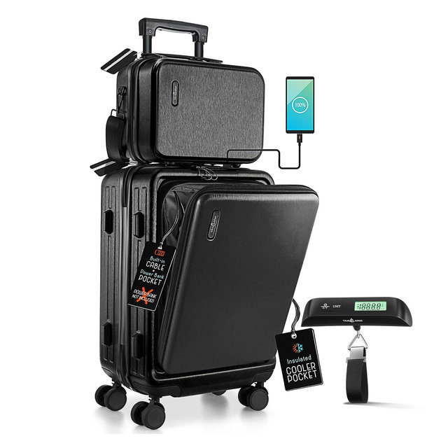 TravelArim 22” Carry On Luggage with Luggage Scale, Airline Approved Carry On Suitcase with Wheels, Black Small Suitcase
