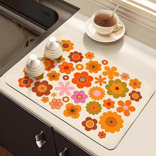 Azppsad Dish Drying Mat for Kitchen Counter, Retro 70s Orange Flowers Design, Washable Absorbent Quick Dry Pad with Rubber Backing, Draining Mat for Dishes Coffee Table, 12" x 20"