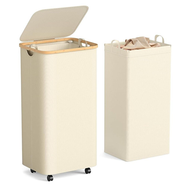 Yecaye 100L Large Capacity Laundry Hamper – Foldable Rolling Laundry Basket, Mobile Clothes Hamper with Wheels, Removable Inner Bag, Bamboo Handle Lid Laundry Bin – Multi-Use Storage,Beige