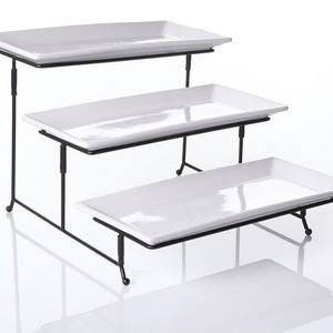 Partito Bella - 3 Tier Collapsible Thicker Sturdier Plate Rack Stand With Plates - Three Tiered Cake Serving Tray - Dessert Fruit Presentation - Party Food Server Display Set - 3 White 12' x 6" Porcelain Plates Incl.