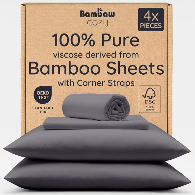 Bambaw 100% Viscose Derived from Bamboo Sheets Queen Size Set – 4pcs Cooling Sheet Set, Super Soft Sheets Queen Size, Luxury Bed Sheets, Deep Pocket Fits Up to 16'' Mattresses (Charcoal)