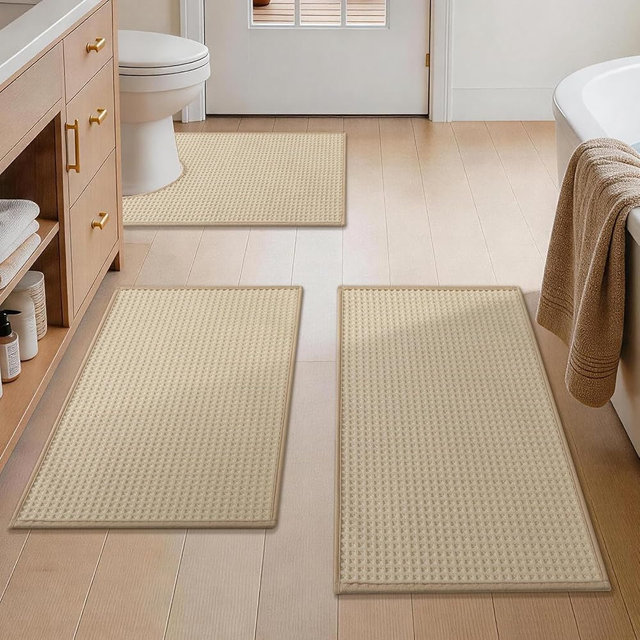 YIHOUSE Waffle Bath Mat Set, Ultra Soft & Absorbent Bathroom Rug Set, Non-Slip Rubber Backed, Quick Dry Shower Mat, Boho Farmhouse Bathroom Decor, Machine Washable, Beige, 3 PCS