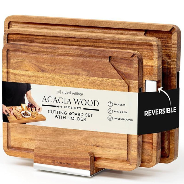 Acacia Wood Cutting Board Set with Holder – Pre-Oiled, Reversible Charcuterie Tray and Wooden Chopping Boards with Stand, Juice Grooves and Silver Handles - Ideal Kitchen Gift