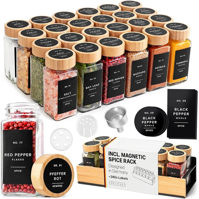 EDELHAUS Square Glass Spice Jars (24 x 4oz) with Bamboo Lids + Magnetic Spice Rack for Refrigerator (Fits 12 Jars) + Bonus Slim Auxiliary Rack, 240 Labels, Shaker Inserts, Funnel