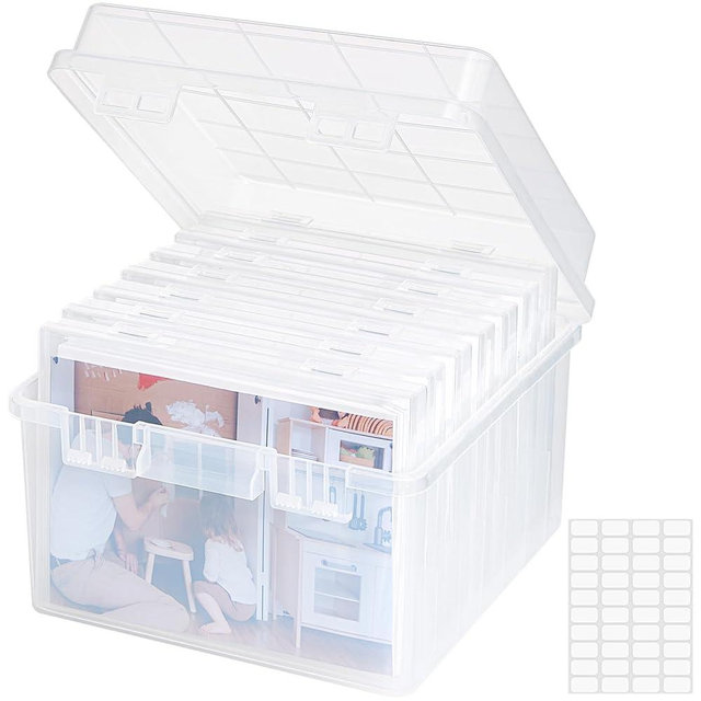 Lifewit 1 Pcs Photo Storage Set with 7 pcs 5"x7" Inner Photo Box& 23 x 22 cm/9x8.5 Transport Case, Craft Organizer for Seed Cards Pictures Office Supplies with 1 Sheet Label Sticker, Clear