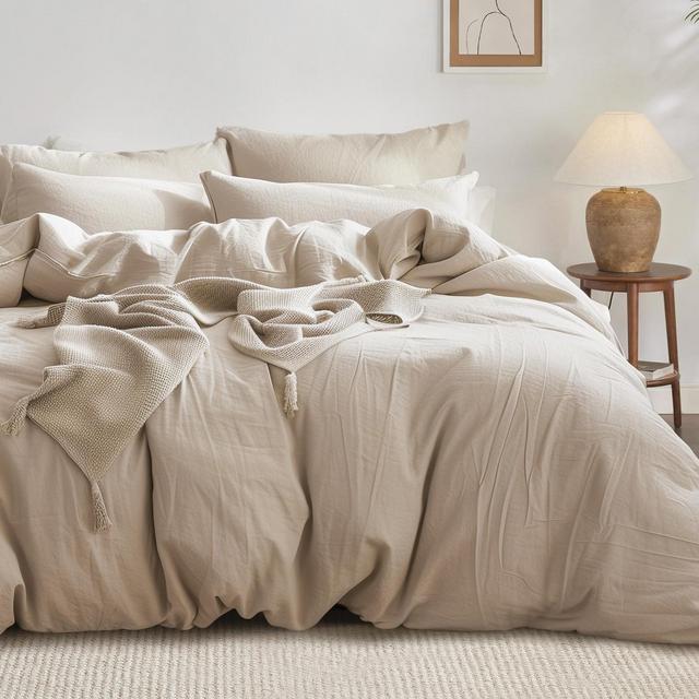 Bedsure 100% Washed Cotton Duvet Cover Queen Warm Sand Minimalist All Season Bedding Set GentleSoft OEKO TEX Certified Mother's Day Gift