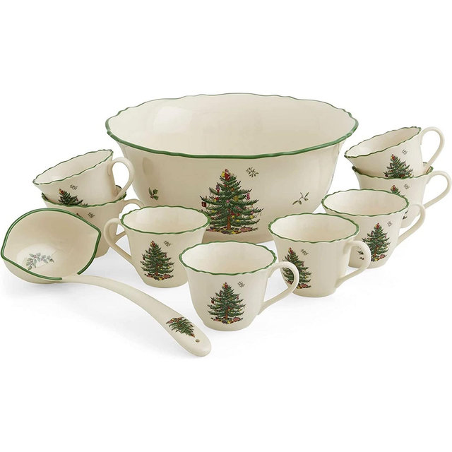 Spode Christmas Tree 10 Piece Punch Bowl Set - 1 Punch Bowl - 1 Ladle - 8 Punch Cups - Punch Bowl is 11-Inch - Punch Cups are 8 oz.