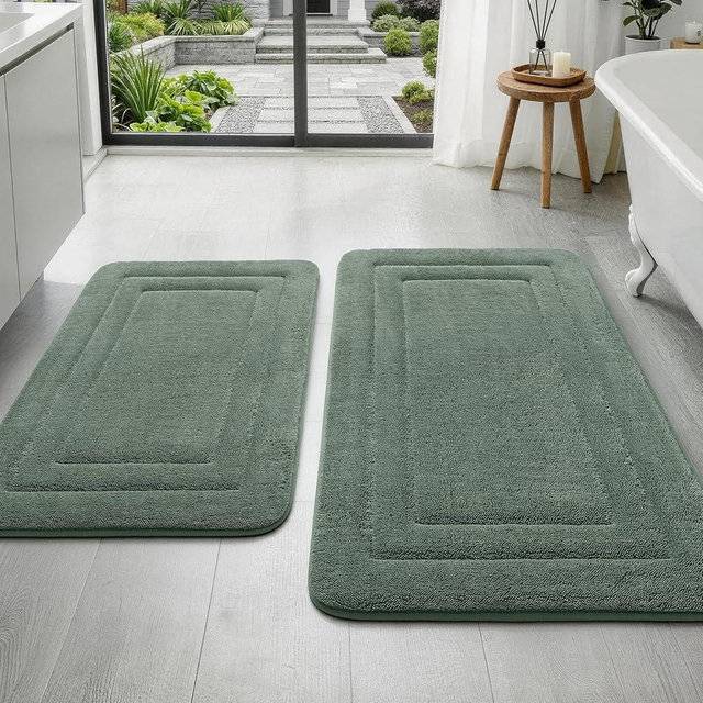 YIHOUSE Bathroom Rugs Sets 2 Piece, Towel-Like Soft Absorbent Thick High Density Memory Foam Bath Mat Set, Non-Slip Machine Washable Bath Rugs for Bathroom, Tub & Shower (32"x20"+24"x17", Sage Green)