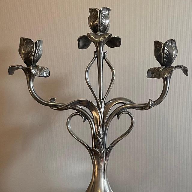 Old and rare 3-light Christofle candlestick model Gallia art nouveau silver metal blackened patina tulip decor punched numbered 30cm 1920