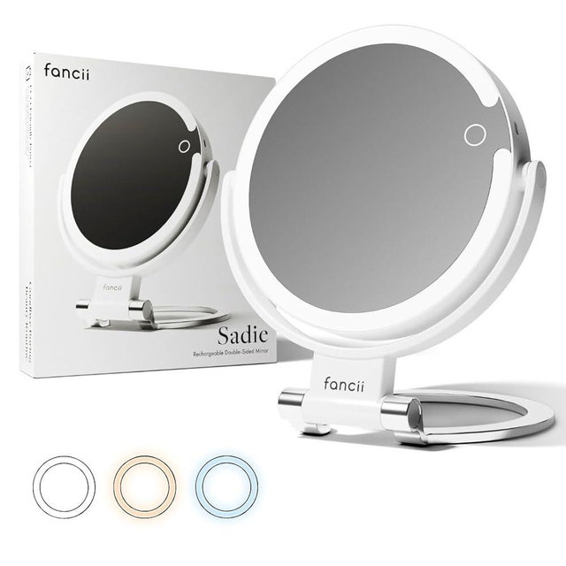 Fancii Travel Magnifying Mirror 10x /1x with Lights, Rechargeable | 9-Inch Extra Large LED Lighted Makeup Mirror, Folding Double Sided Portable Vanity Mirror, 3 Light Settings, Touch Sensor (Sadie)