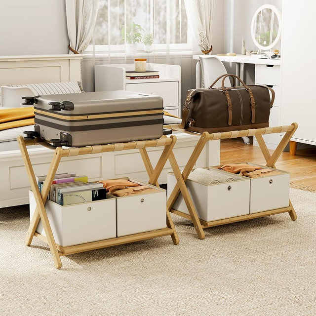oakvivo Fully Assembled Luggage Racks Pack of 2 with 4 Storage Boxes, Bamboo 26.77" Folding Luggage Stand for Guest Room, 5 Nylon Straps, Suitcase Stand with Storage Shelf for Bedroom Hotel, Natural