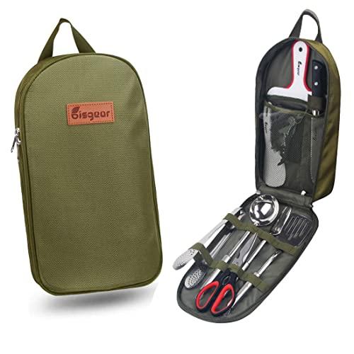 Bisgear Backpacking Camping Cookware Camp Kitchen Utensil BBQ Organizer Travel Mess Kit with Water Resistant Case, Cutting Board, Rice Paddle, Tongs, Scissors, Knife, Spork
