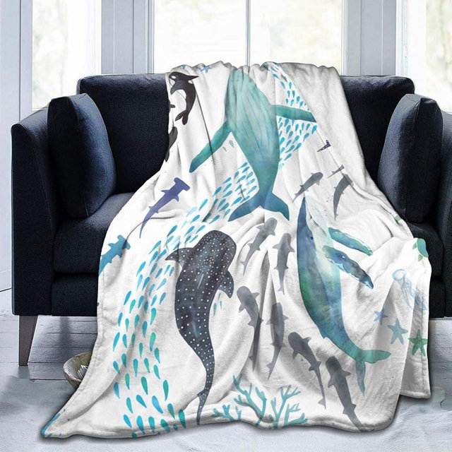 Knsoiv Funny Plush Microfiber Throw Blanket, Sharks, Humpback Whales, Orcas & Turtles Ocean Blankets for All Seasons, Quality Air Conditioning Blanket 50"X40"