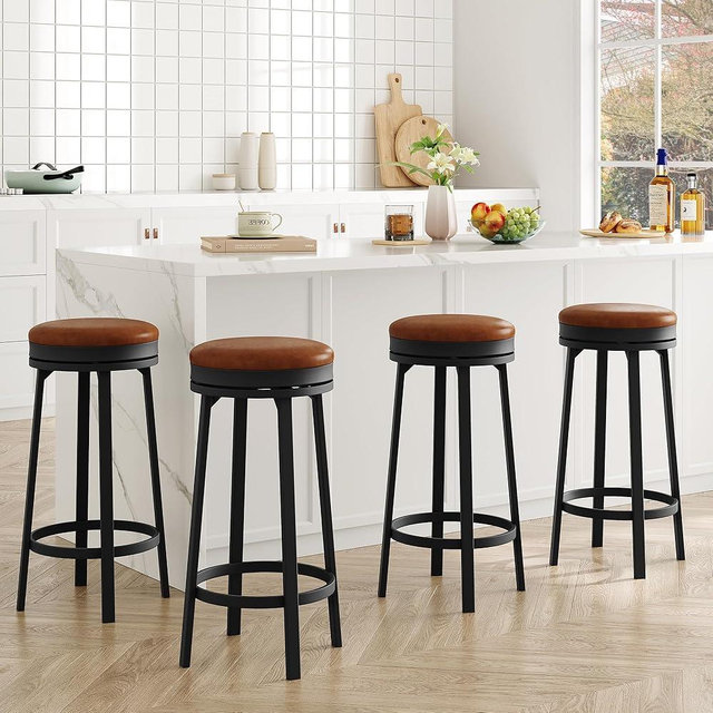 IDEALHOUSE 30'' Swivel Bar Stools Set of 4 with Footrest, Modern Counter Height Barstools with PU Leather Upholstered and Metal Frame, Backless Round Bar Stools for Kitchen Island, Brown