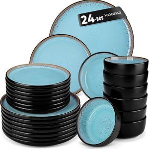 vancasso Plates and Bowls Sets, 24 Pieces Stoneware Dinnerware Sets for 8, Kitchen Dish Set Mircowave and Dishwasher Safe Ceramic Dishware, Blue, Series AMBER