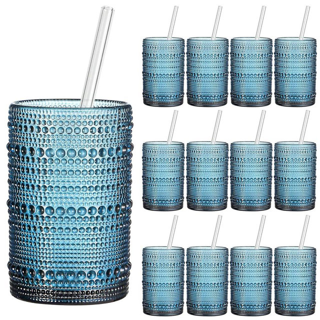 HomeVogue Vintage Hobnail Drinking Glasses Set of 12, 15oz Textured Tumblers - Embossed Blue Bar Glasses for Cocktails, Beer, Whiskey, Dishwasher-Safe Highball Cups for Kitchen, Juice & Mixed Drinks