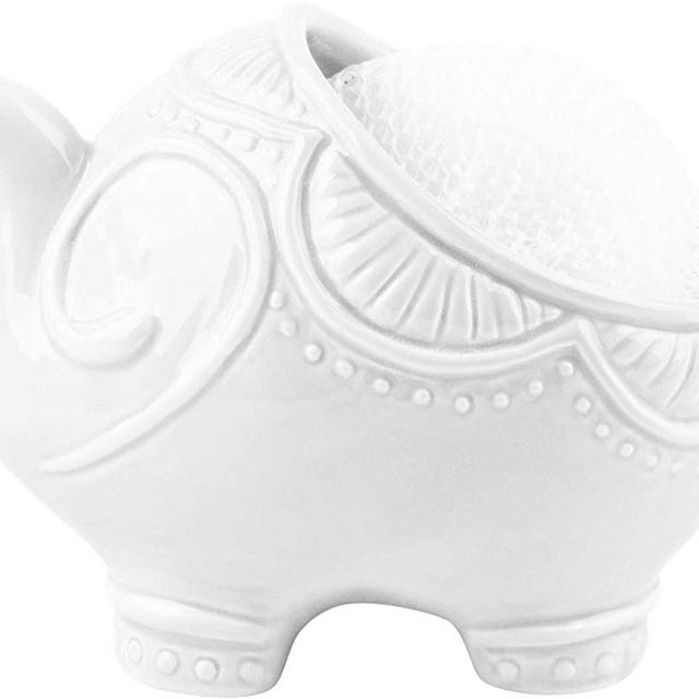 Farmhouse Decor Kitchen Sink Scrubby Holder Ceramic - With Nylon Dish Scrubber (Elephant White)