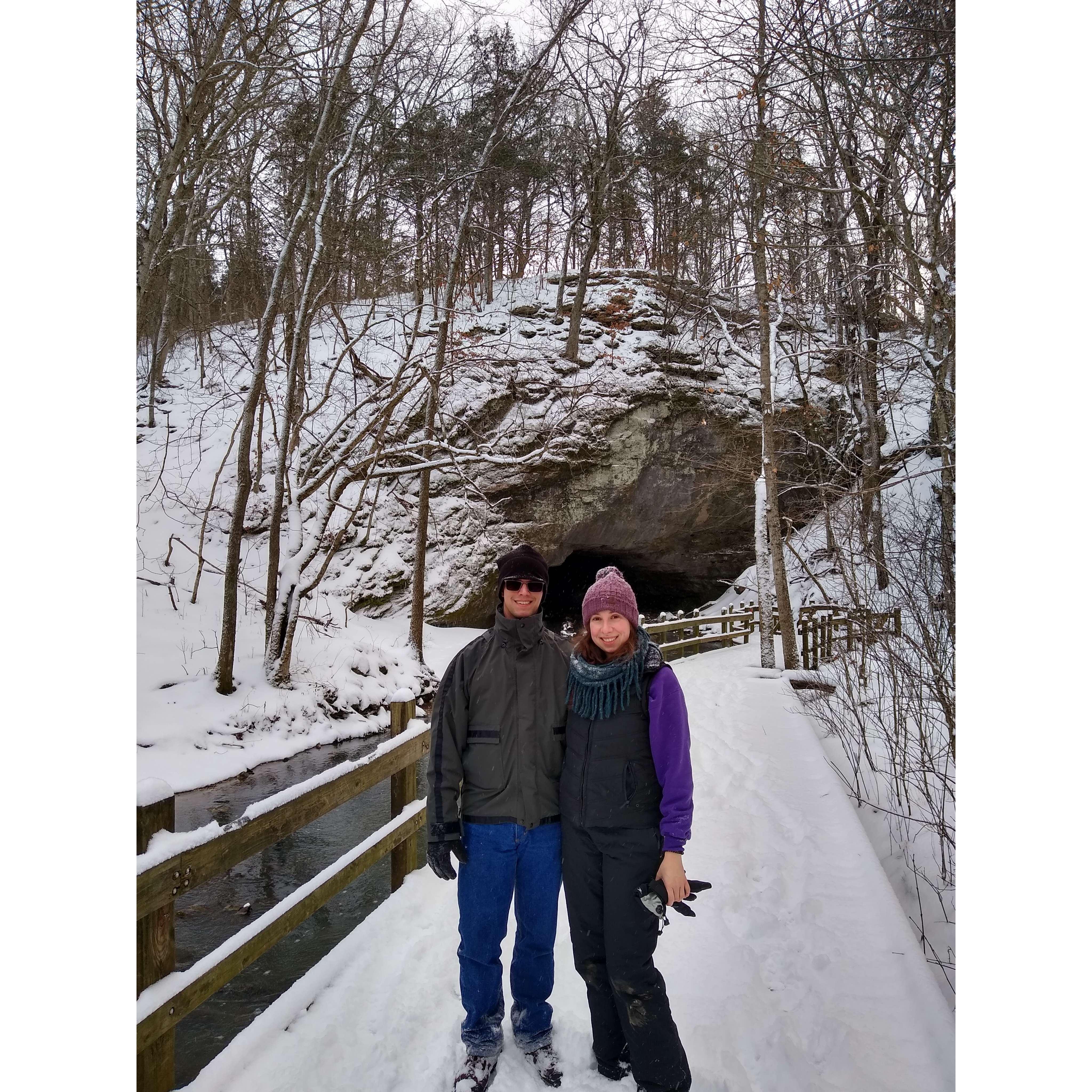 Rockbridge State Park near the Devil's Icebox in Columbia, MO. Hiking in the snow was one of our favorite pastimes. This was taken a few weeks before getting engaged.