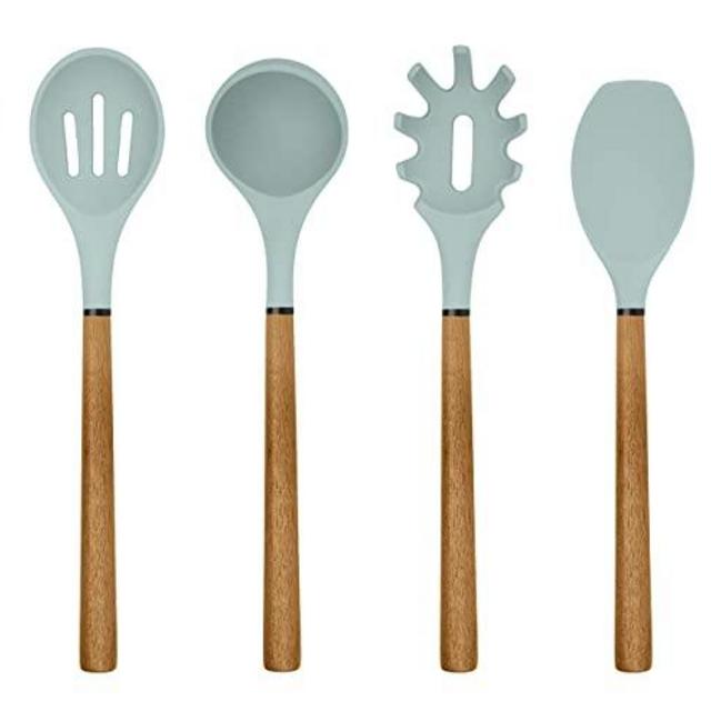 Country Kitchen Silicone Cooking Utensils, 8 Pc Kitchen Utensil Set, Easy to Clean Wooden Kitchen Utensils, Cooking Utensils for Nonstick Cookware, Kitchen Gadgets and Spatula Set - Mint Green
