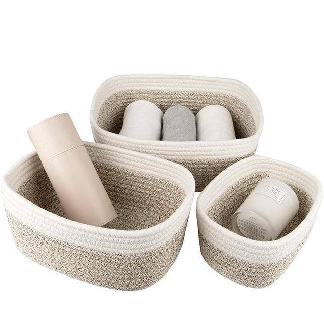 LA JOLIE MUSE 12 Inch Cotton Rope Woven Storage Basket Set of 3, Stackable Multipurpose Organizer Bins, White & Desert