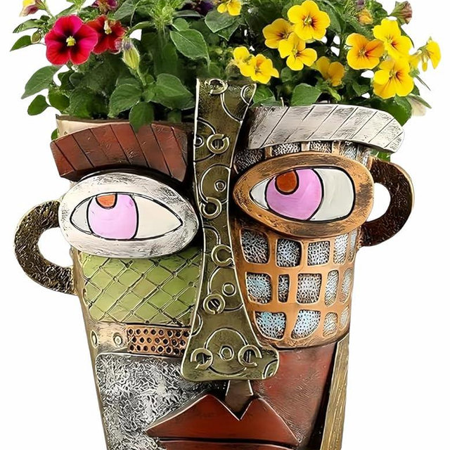 Yhupl Picasso Abstract Face Flower Pot,Unique Resin Crafted Planter with Drainage Holes,Interesting Colorful Planter with Human face,for Indoor and Outdoor Botanical Home décor (Retro)
