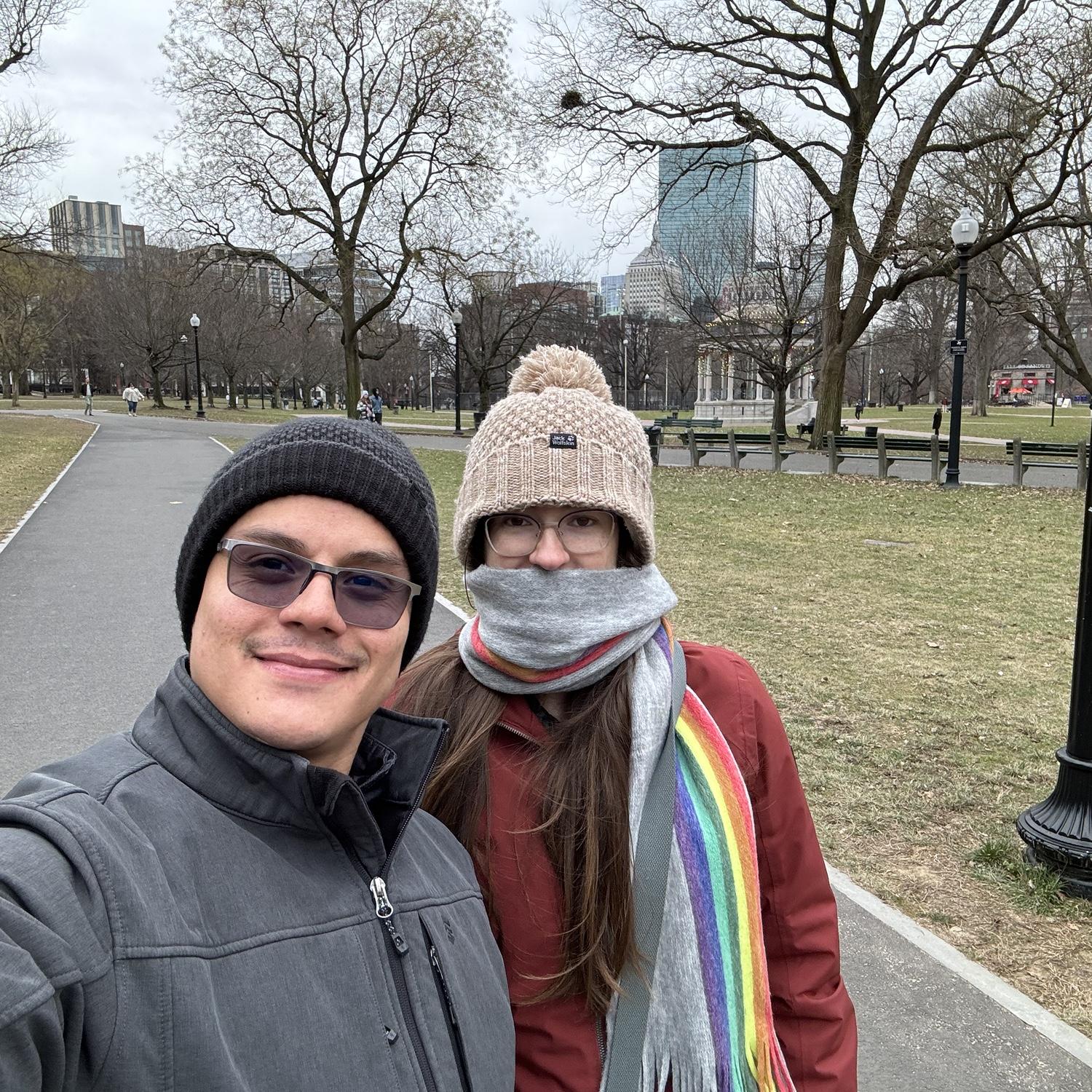 Walking in Boston Commons Park the weekend before our elopement. The purpose of the trip to Boston was to find our rings! It was pretty cold 🥶