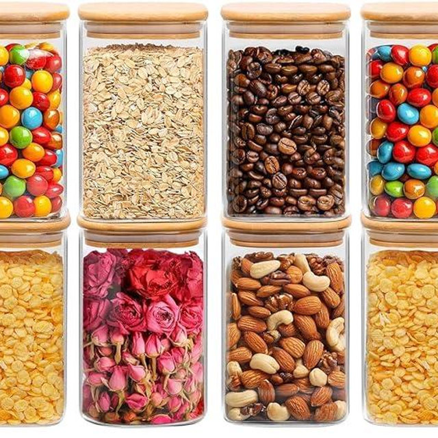 ComSaf 1.2 QT Glass Storage Containers with Lids, Glass Jars with Lids, Clear Food Jar, Square Canister Set of 6, Pantry Organizers and Storage for Cookie Flour Oat Pasta Tea Coffee Bean (Pack of 2)