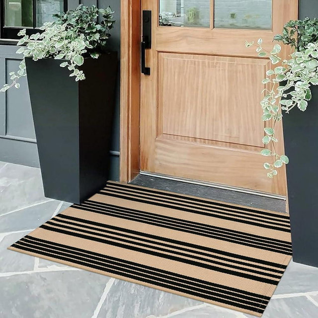 OJIA Front Door Mat Outdoor 24''x35'' Machine Washable Front Door Rug Entry Rug Indoor Outdoor Rugs Doormat Cotton Hand-Woven Striped Small Area Rugs for Porch/Bathroom/Farmhouse/Home Entrance