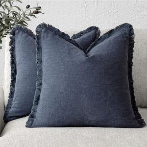 Foindtower Set of 2 Decorative Linen Fringe Throw Pillow Covers Cozy Boho Farmhouse Cushion Cover with Tassels Soft Accent Pillowcase for Couch Sofa Bed Living Room Home Decor, 22×22 Inch, Navy Blue