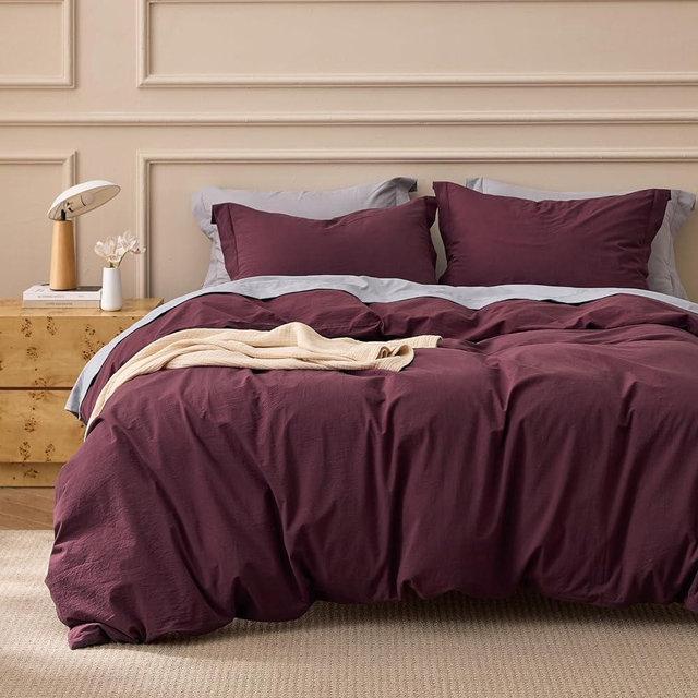 Bedsure 100% Washed Cotton Duvet Cover King Size - Burgundy Minimalist Cotton Duvet Cover Linen Like for All Seasons - GentleSoft™ Plain Simple Bedding (Burgundy, King, 104"x90")