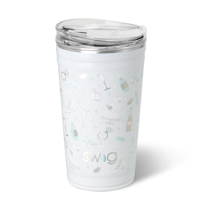 Swig Life 24oz Party Cup, Stackable Insulated Travel Coffee Tumbler with EZ Slider Lid, Cup Holder Friendly Travel Thermos, Stainless Steel 24 oz Tumbler, Reusable Coffee Mug (Bride to Be)