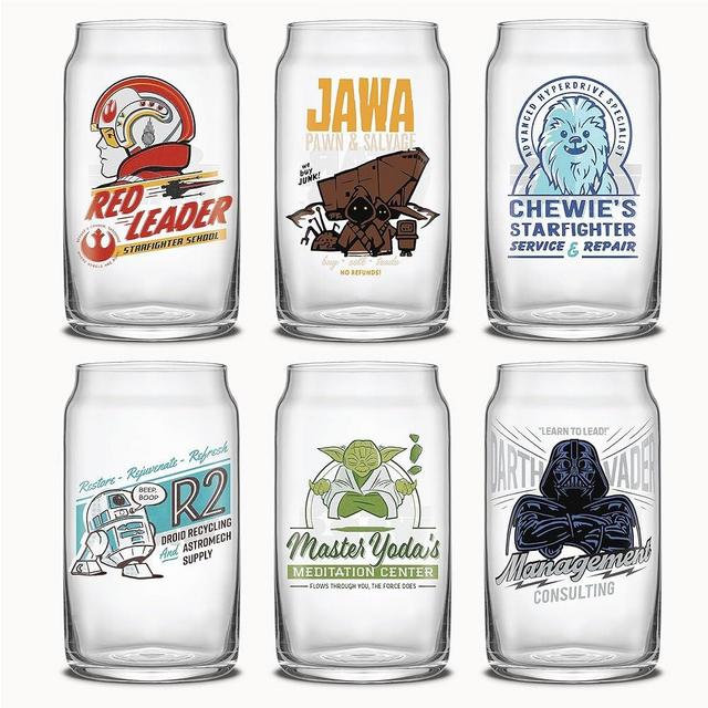 JoyJolt Star Wars Retro Vintage Collection 16.9oz Glass Tumblers - Featuring Darth Vader, R2D2, Yoda, Chewbacca, Red Leader, Jawa - Original Trilogy Drinkware, Glass Tumbler Set of 6 with Glass Straws