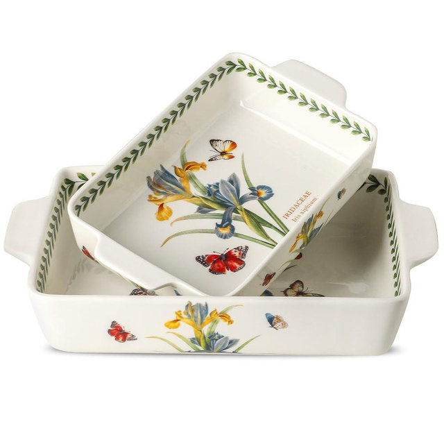 Howise Ceramic Iris Baking Casserole Dish with Handles, Large 2 pieces 8x13 inch & 6x10 inch Lasagna Baking Dish and Middle Flower Andplant Baking Pan,Porcelain Serving Bakeware Set