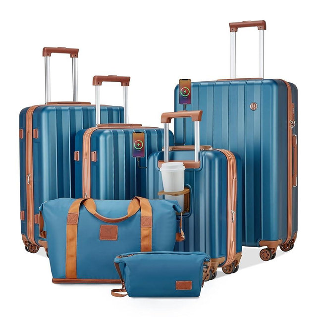imiomo Luggage Sets 6 Piece Expandable Carry on Suitcase, Hardside with USB Port Cup Holder, Travel Spinner with Wheels TSA Lock Dark Blue Brown