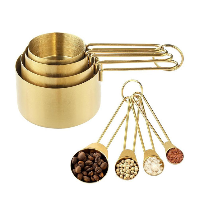 Measuring Cups and Spoons Set, Kaloo 8PCS Stainess Steel Metal Measuring Cups, Gold Finish, Ideal for Cooking and Baking