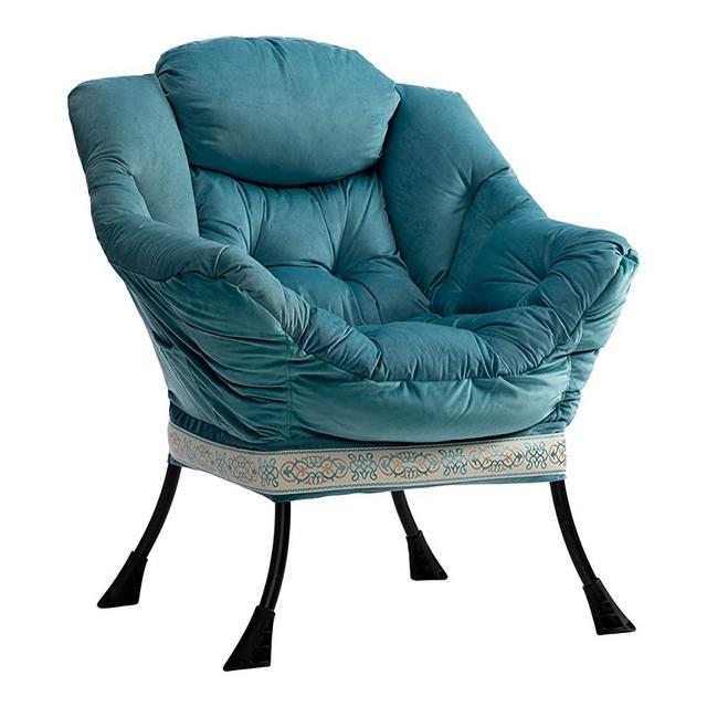 HollyHOME Modern Cotton Fiber Fabric Lazy Chair,Contemporary Lounge Chair, Single Steel Frame Leisure Sofa Reading Chair with Armrests and A Side Pocket, Thick Padded Back, Embroidery Lake Blue