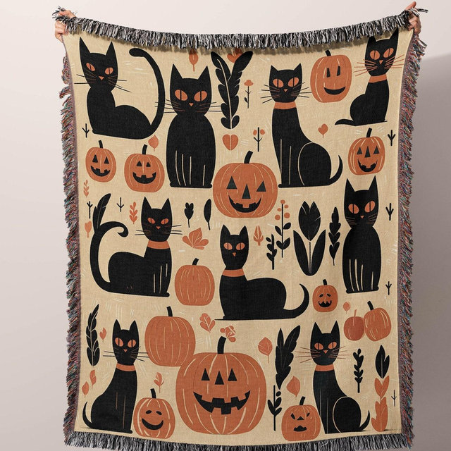 Retro Halloween Throw Blanket | Woven Cat Pumpkin Throw Blanket | Vintage Halloween Decor | Midcentury Modern Blanket