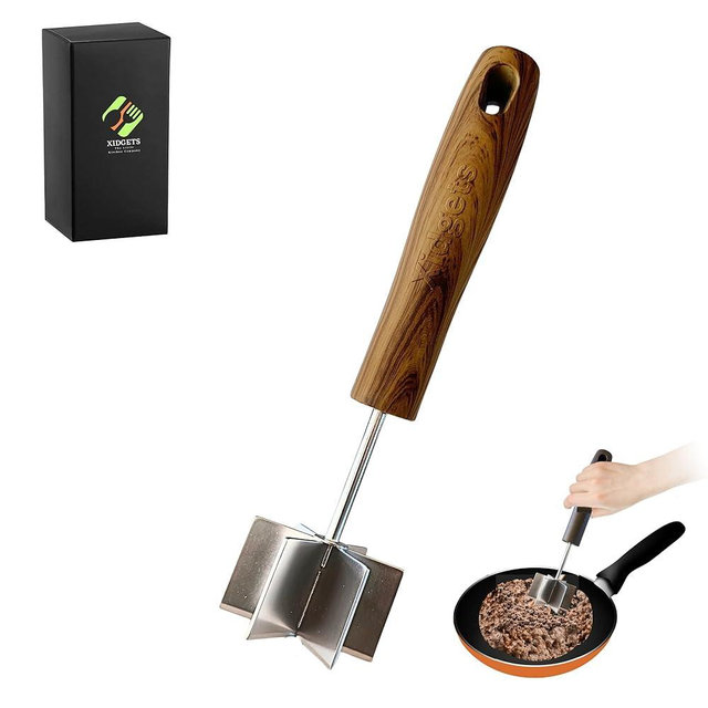 Large Stainless Steel Meat Chopper & Masher | 6-Blade Ground Beef Chopper Tool | Hamburger Smasher | Oversized Ergonomic Handle | Heat Resistant Grip | Dishwasher Safe - 10" (Walnut Wood Veneer 10")