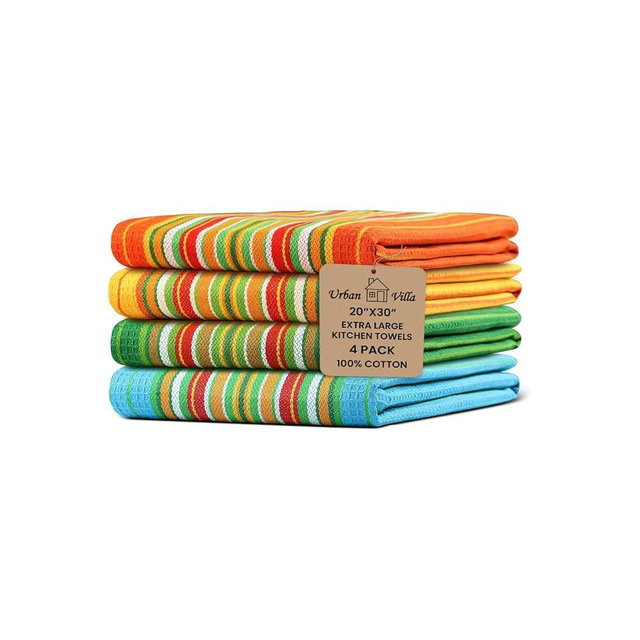Urban Villa Salsa Stripe Kitchen Towels 100% Cotton Dish Towels for Kitchen Multi Color Highly Absorbent Multi-Purpose Waffle Dish Cloths for Cleaning Soft Hand Bar Towels 20x30 Inches (Set of 4)