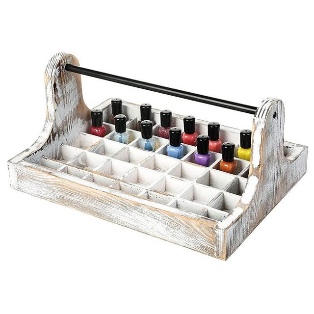 MyGift Whitewashed Wood Nail Polish Storage Organizer Box Essential Oil Bottle Display Tray with Metal Handle, Holds up to 35 Bottles