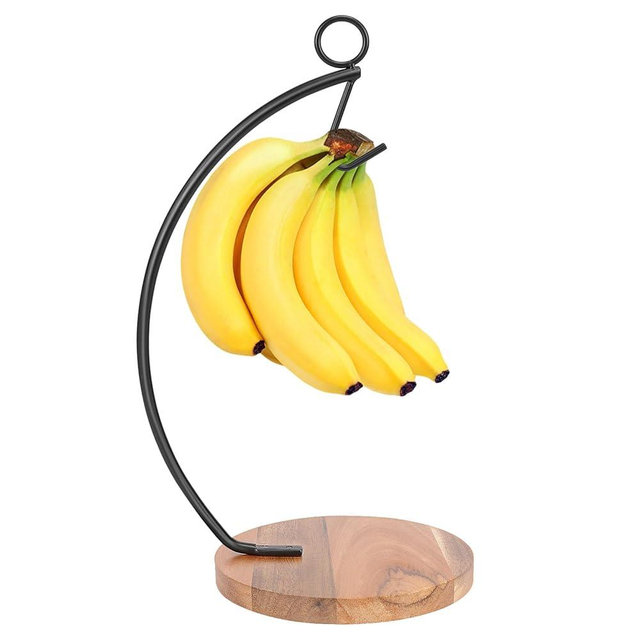 Livabber Tabletop Banana Tree Hanger, Metal Banana Holder Stand with Hook and Ring Modern Banana Storage Organizer for Kitchen Table Countertop (Wooden Base, Black)