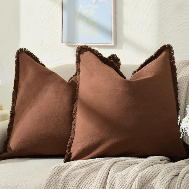 ZWJD Pillow Covers 20x20 Set of 2 Coffee Throw Pillow Covers with Fringe Chic Cotton Decorative Pillows Square Cushion Covers for Sofa Couch Bed Living Room Farmhouse Boho Decor