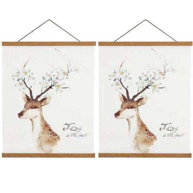 2 Pack Magnetic Poster Hanger Frame, 24x36 24x32 24x18 Light Wood Wooden Magnet Canvas Artwork Print Dowel Poster Hangers Frames Hanging Kit (Teak Wood, 24", 2 Packs)