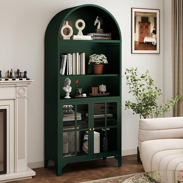Desirable Life 5-Tier Arched Bookcase Bookshelf, 74" Tall Arched Storage Cabinet w/Adjustable Open Shelves & Doors, Metal Kitchen Pantry Display Cabinet for Home Office, Green, Cross Door